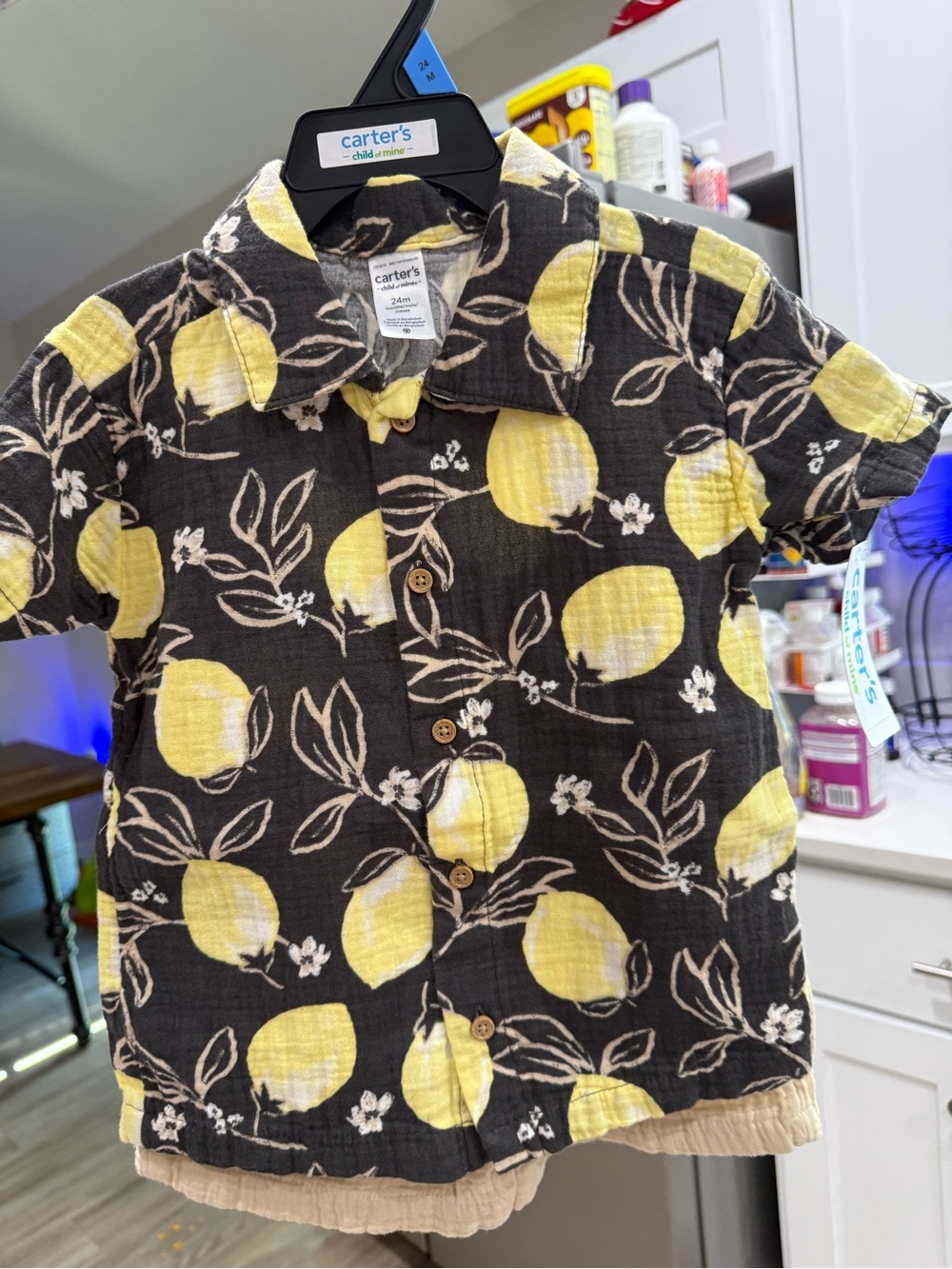 Carter's Black Short Sleeve Button-Up Shirt with Yellow Lemon Print
